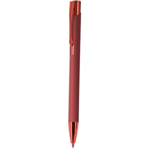 A metal pen in a deep red colour with a shiny copper clip and tip. It features a simple design and a branding logo.