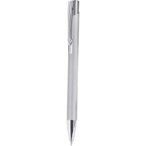 A metal pen with a sleek silver body and a chrome-plated nib and clip, featuring a brand logo.