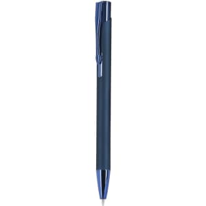 A metal pen in navy blue with a shiny silver tip and clip, featuring a branding logo.