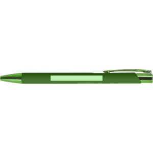 A metal pen in a vibrant green colour with a shiny finish and a clip, featuring a logo on the barrel.
