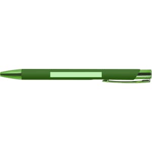 A green metal pen with a sleek design and a clip attached, featuring a logo on its body.