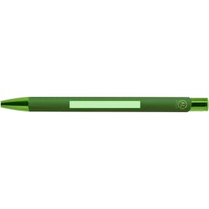 A green metal pen with a shiny finish and a branding logo on the side.