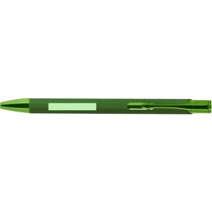 A green metal pen with a sleek design and a clip, featuring a space for branding.
