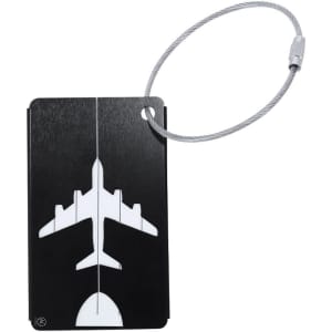 A black luggage tag featuring a white airplane design, secured with a silver wire attachment.