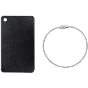 A black luggage tag with a grey attachment loop, featuring a sleek, minimalist design.
