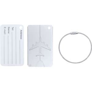 A silver luggage tag featuring an embossed airplane design and a metal attachment loop for securing to bags.