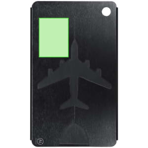 A black luggage tag featuring an aircraft design and a green panel for personal information. It includes a logo.