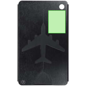 A black luggage tag with an airplane design and a green identification card slot. It features a logo.