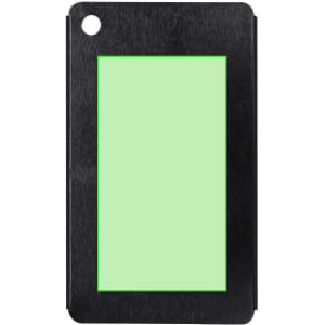 A black luggage tag with a green rectangular area for personalisation and a circular hole.