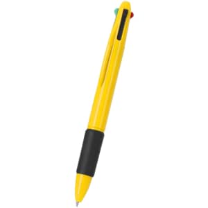 A yellow multicoloured pen with a black grip and three coloured buttons on the top. It has a logo.