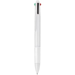 A multicoloured pen in white with red and green accents, featuring a logo on its body.