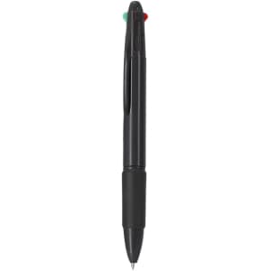 A multicoloured pen featuring black, red, and green accents, with a rubber grip and a logo.