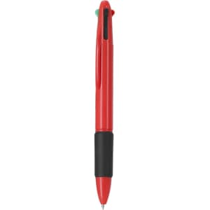 A red multicoloured pen with a black grip and green and blue caps, featuring a logo on the side.