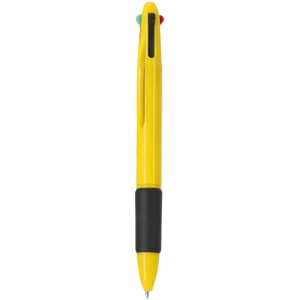 A multicoloured pen in yellow with a black grip and red, green, and blue buttons at the top. Includes a logo.