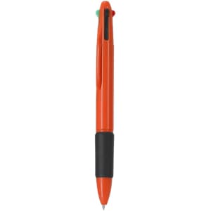 An orange multicoloured pen with a black grip and a logo. It features green and black accents on the top.