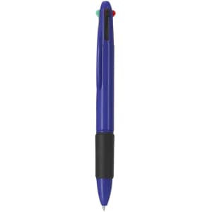 A multicoloured pen with blue, red, and green accents, featuring a black grip and a branding logo.