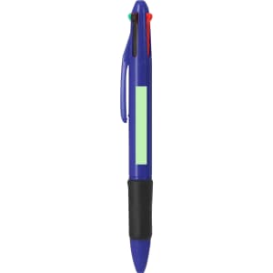 A multicoloured pen in blue with red, green, and black ink options, featuring a grip section and a logo.
