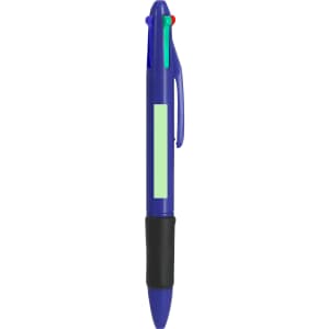A multicoloured pen in blue with a soft grip and a clip, featuring a green and red accent. It has a logo.