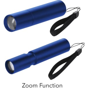 A blue torch with a zoom function, featuring a detachable black wrist strap. Includes branding.
