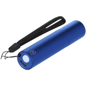 A blue torch with a sleek design, featuring a wrist strap and a charging port. It has a logo on its surface.