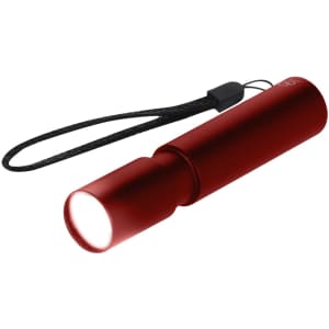 A red torch with a strap, featuring a cylindrical design and a bright light. It includes a branded logo.
