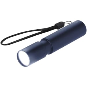A navy blue torch with a wrist strap, featuring a bright light at the end. It has a sleek, cylindrical design.
