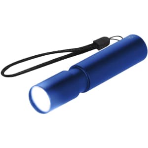 A blue torch with a cylindrical body and a wrist strap. It has a bright white light at one end.
