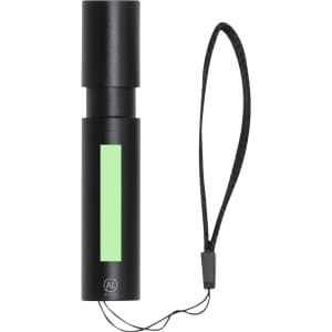 A black torch with a green accent and a detachable wrist strap. The design is cylindrical and sleek.