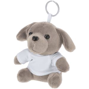 A grey teddy bear keyring with a white shirt and a metal keyring attachment. Soft and plush texture.