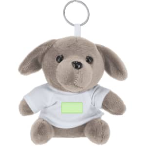 A grey teddy keyring featuring a soft, plush design wearing a white shirt and attached to a keyring.