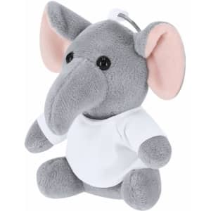 A grey plush elephant keyring with large pink ears and a white shirt. The elephant has bright black eyes.