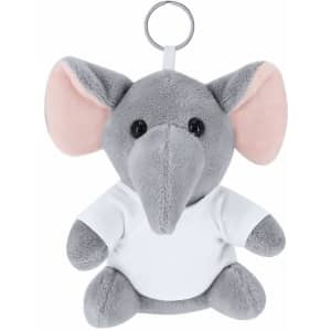 A grey plush elephant keyring with large ears, featuring a white shirt and attached keyring.
