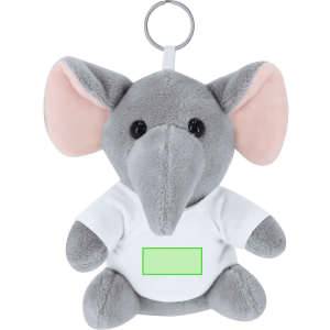 A grey plush elephant keyring toy with pink ears, wearing a white shirt, featuring a keyring attachment.