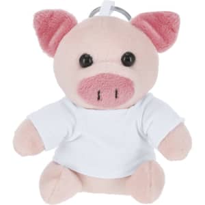 A plush keyring teddy in the shape of a pig, featuring pink accents and a white shirt.