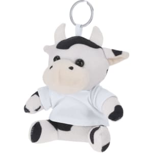 A plush cow keyring teddy with black and white markings, wearing a white shirt, attached to a keychain.