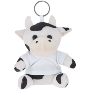 A plush cow keyring toy with black and white patches, wearing a white shirt, and attached to a metal keyring.