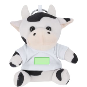 A plush cow keyring toy, featuring black and white fur with a small white shirt. It has a keyring attachment.