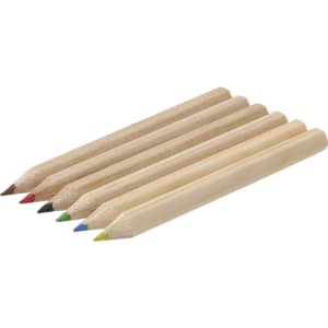 A set of six unsharpened coloured pencils in red, black, green, blue, yellow, and natural wood finish, featuring a logo.