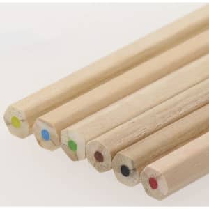 A set of six hexagonal wooden pencils, revealing blue, green, brown, black, and yellow tips. Features branding.