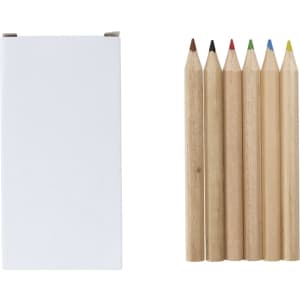 A set of six coloured pencils in natural wood, accompanied by a plain white box.