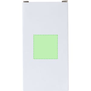 A white packaging box with a green square outline, featuring branding on the front.