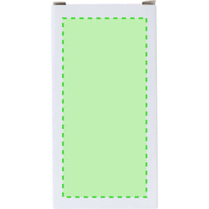 A white box featuring a solid light green panel, with a decorative green dashed border, and a logo on one side.