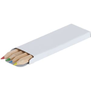 A set of coloured pencils in a white box, featuring blue, green, red, yellow, and brown pencils.