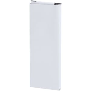 A slim, white pencil box with a simple design and a logo on the front.