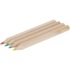 A set of four coloured pencils in red, green, blue, and yellow, featuring unpainted wooden barrels.
