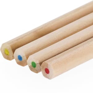 A set of coloured pencils with yellow, blue, green, and red ends, featuring a natural wood finish and a small logo.