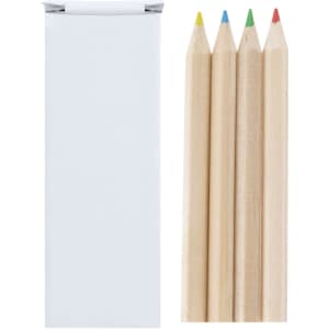 A box containing four coloured pencils in red, blue, green, and yellow. The packaging is white and has a logo.