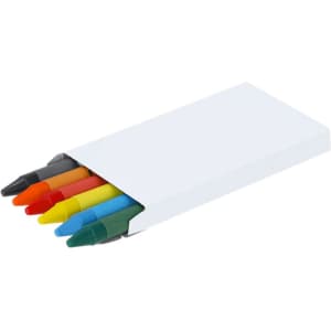 A crayon set featuring six crayons in colours including red, orange, yellow, green, brown, and black, housed in a white box.