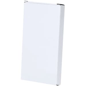 A white rectangular box with a secure closure, featuring a minimalistic design. It has a branding logo on the front.