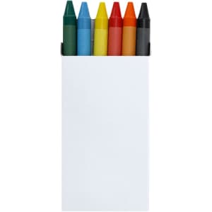 A crayon set featuring seven crayons in green, blue, yellow, orange, red, black, and a white box.